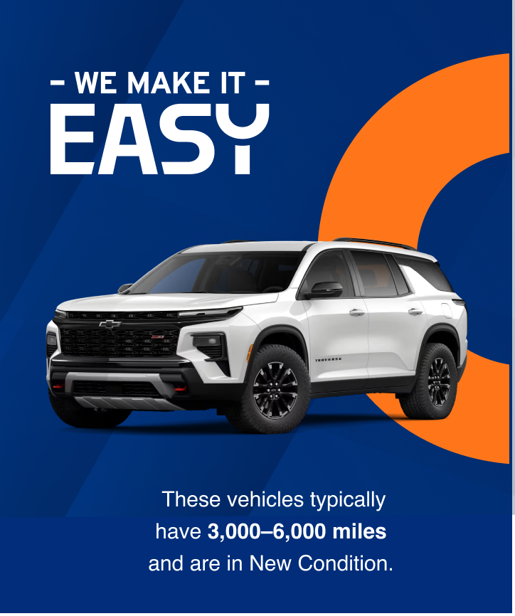 White SUV over a blue background. Text says WE MAKE IT EASY and These vehicles typically have 3,000–6,000 miles and are in New Condition.