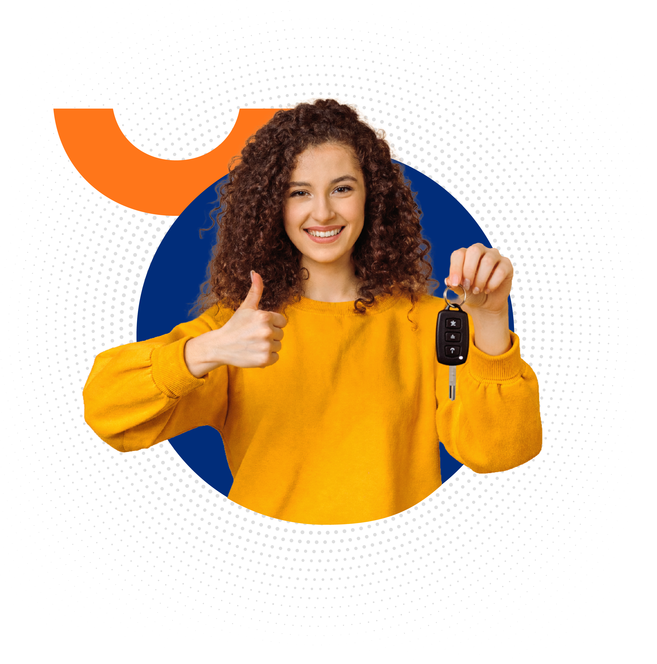 A smiling young woman with curly hair holds up a car key and gives a thumbs-up.